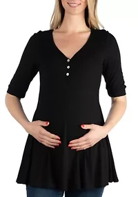 Quarter Sleeve Maternity Tunic Top with Button Detail