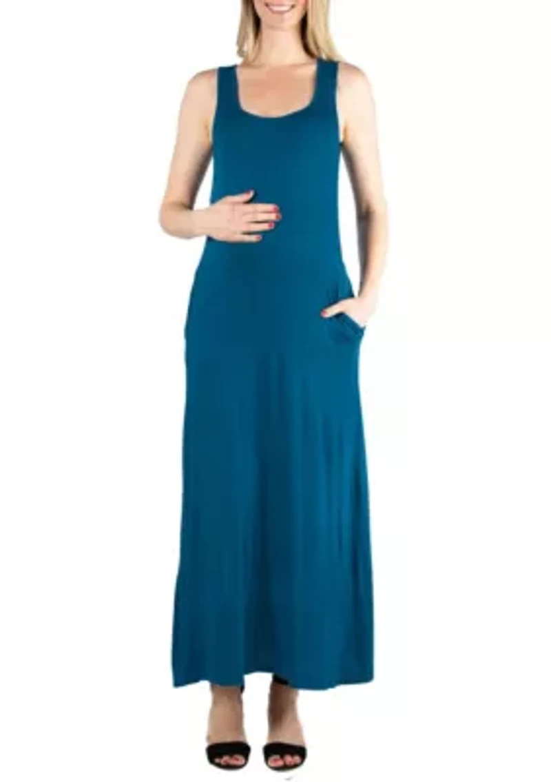 Scoop Neck Sleeveless Maternity Maxi Dress with Pockets