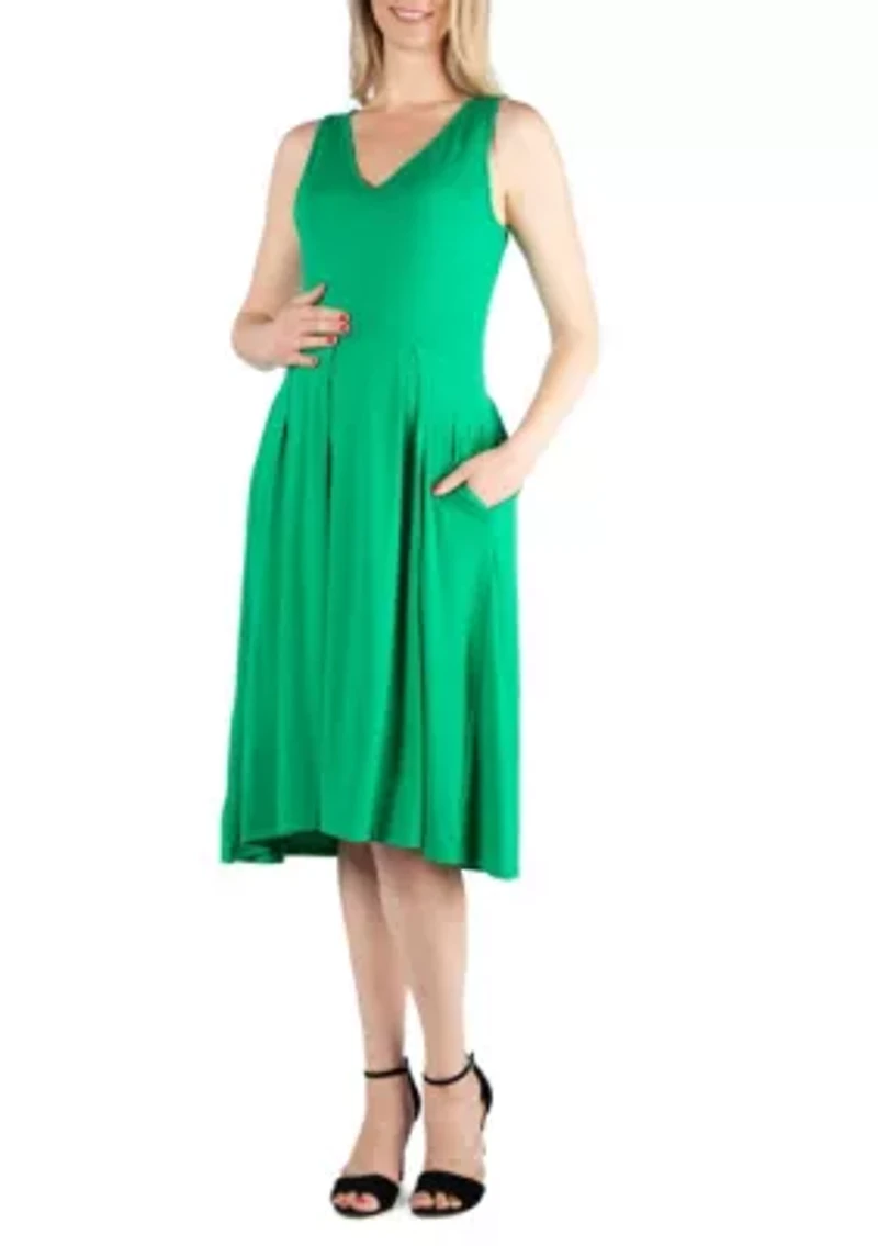 Fit and Flare Sleeveless Maternity Midi Dress with Pockets