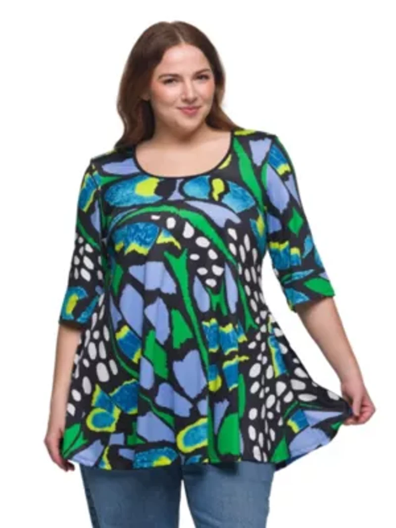 Plus Blue Butterfly Print Elbow Sleeve Casual Tunic Top