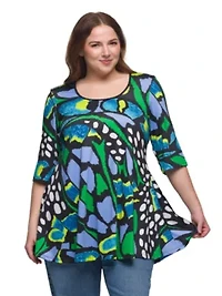 Plus Blue Butterfly Print Elbow Sleeve Casual Tunic Top
