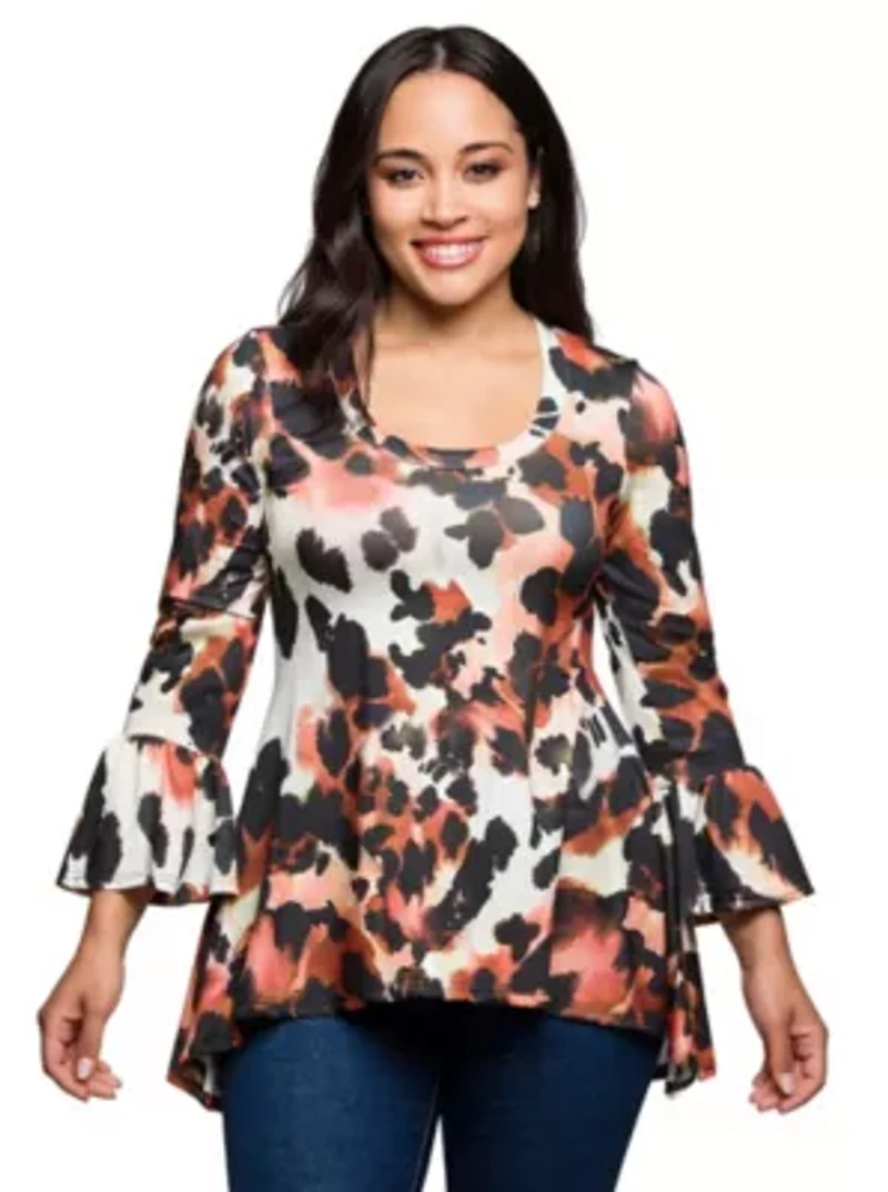 Womens Plus Scoop Neck Bell Sleeve Tunic Top Animal Print
