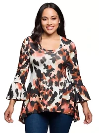 Womens Plus Scoop Neck Bell Sleeve Tunic Top Animal Print