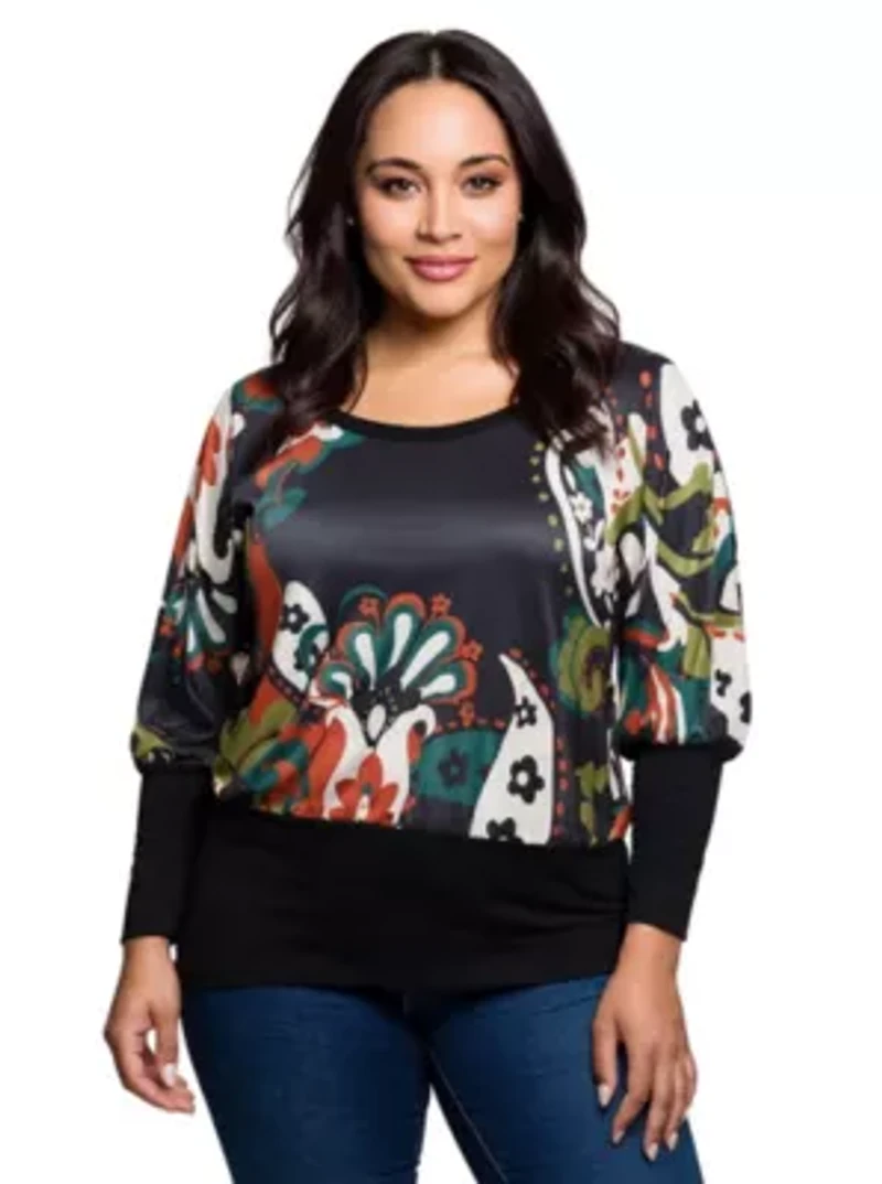 Womens Plus Paisley Multicolor Print Dolman Sleeve Banded Top
