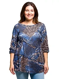 Womens Plus Three Quarter Sleeve Tunic Top Blue Animal Print