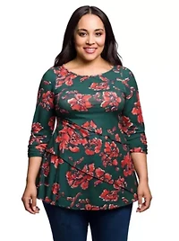 Womens Plus Green Floral Print Three Quarter Sleeve Tunic Top