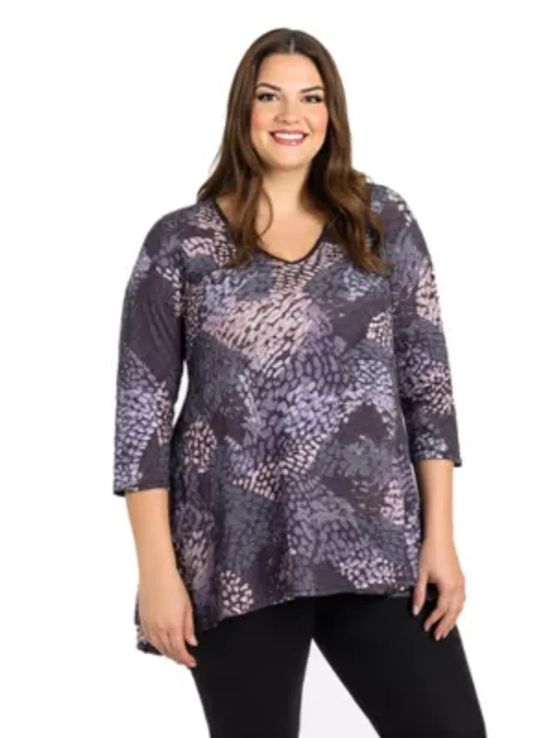 Womens Plus Gray Abstract Print V Neck three quarter Sleeve Tunic Top