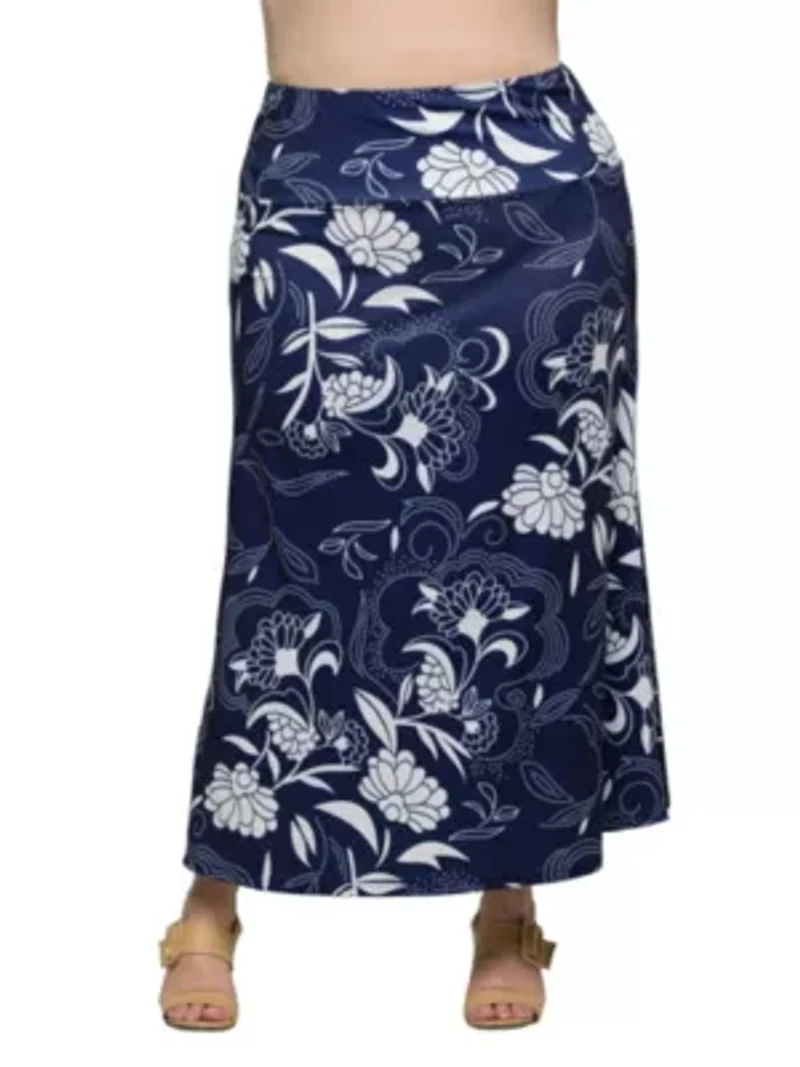 Plus Navy Floral Print Elastic Waist A Line Maxi Skirt