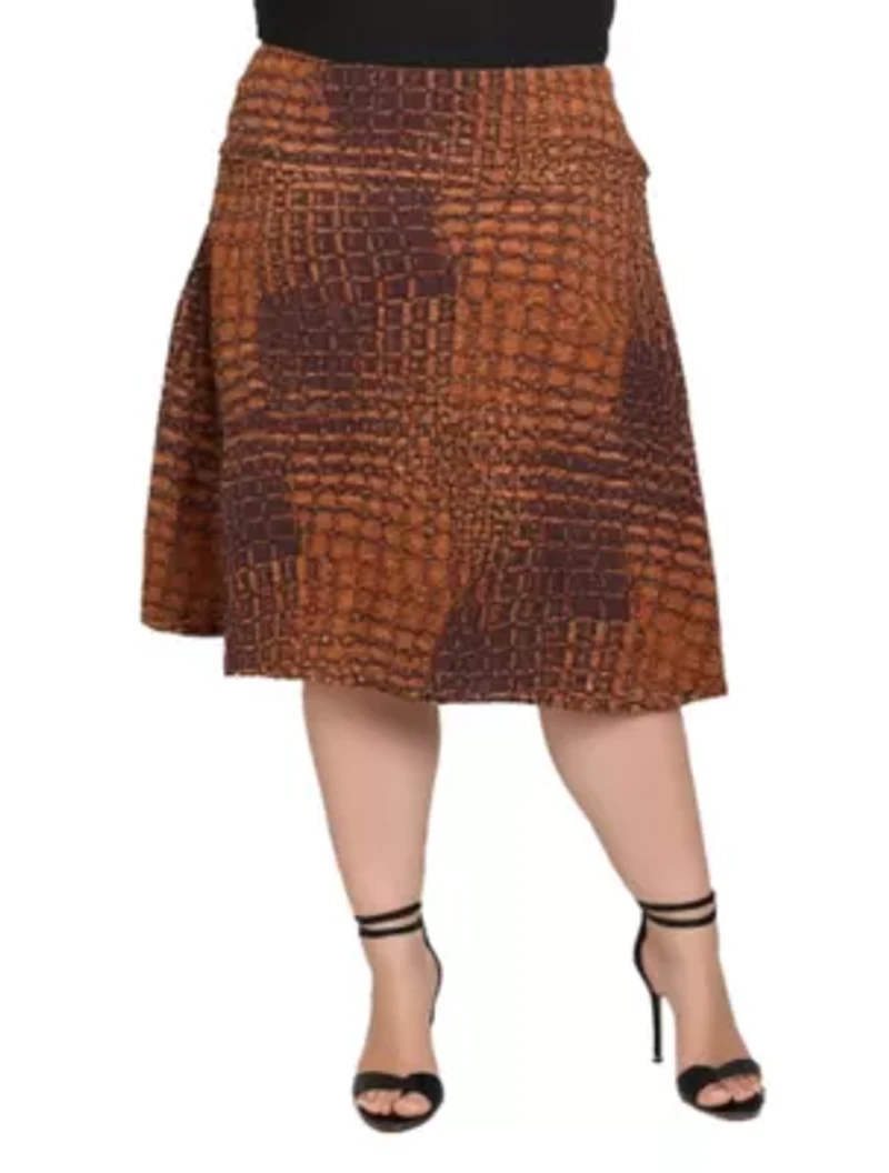 Womens Plus Brown Geometric Print Knee Length Skirt