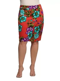 Womens Plus Orange Floral Print Knee Length Pencil Skirt