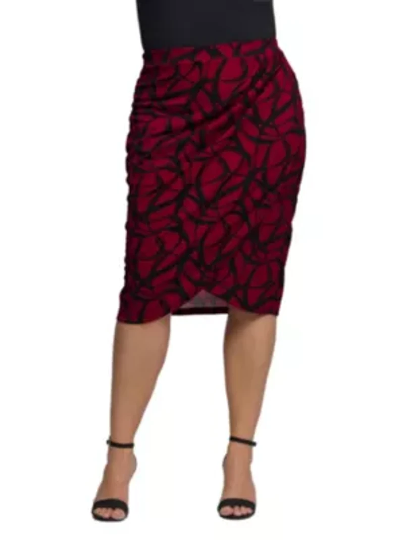 Womens Plus Burgundy Print Ruched Knee Length Skirt