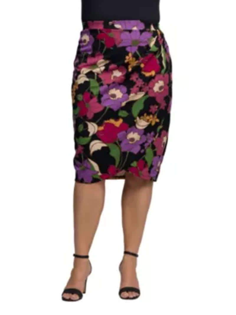 Womens Plus Black Multi Floral Print Midi Pencil Skirt