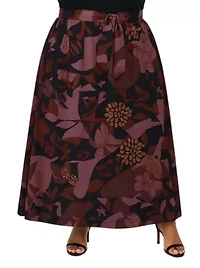 Womens Plus Fall Floral Print Maxi Skirt with Buckle Waist