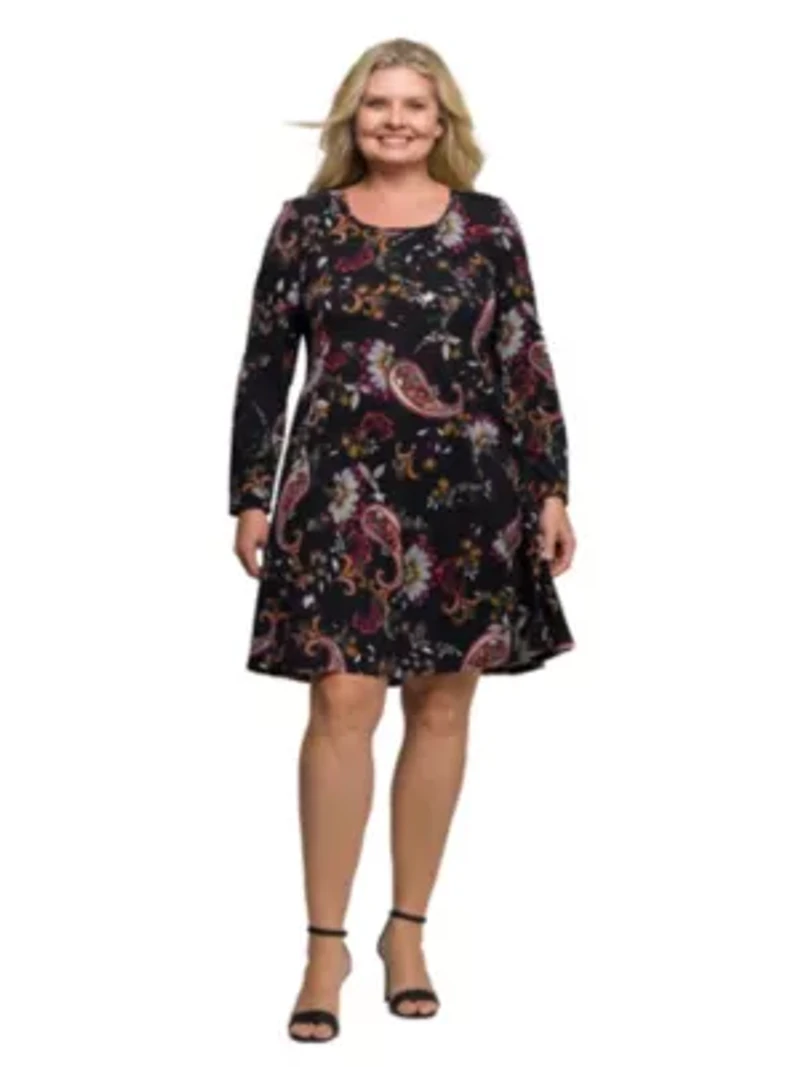 Womens Plus Black Paisley Print Long Sleeve Fit and Flare Dress