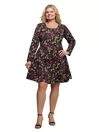 Womens Plus Floral Print Long Sleeve Fit and Flare Mini Dress