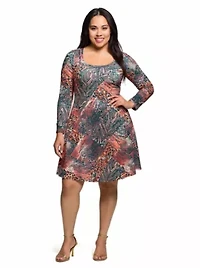 Womens Plus Long Sleeve Fit and Flare Dress Brown Multi Animal Print