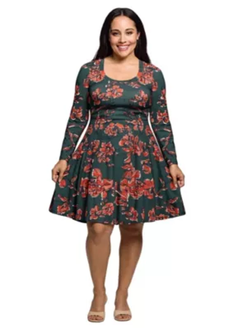 Womens Plus Long Sleeve Fit and Flare Dress Green Orange Floral Print
