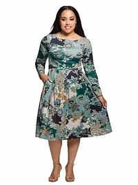 Womens Plus Long Sleeve Midi Dress Teal Paisley Floral Print