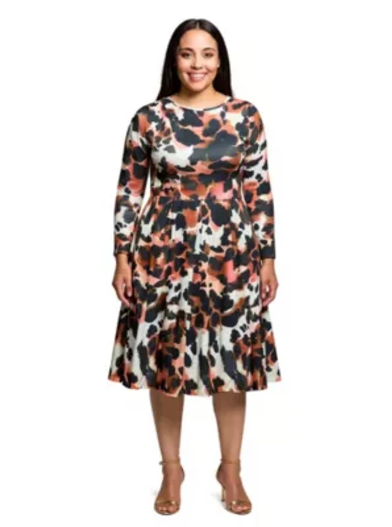 Womens Plus Long Sleeve Midi Dress Animal Print