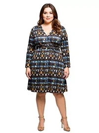 Womens Plus Long Sleeve Wrap Dress with Belt Brown Blue Geometric Print