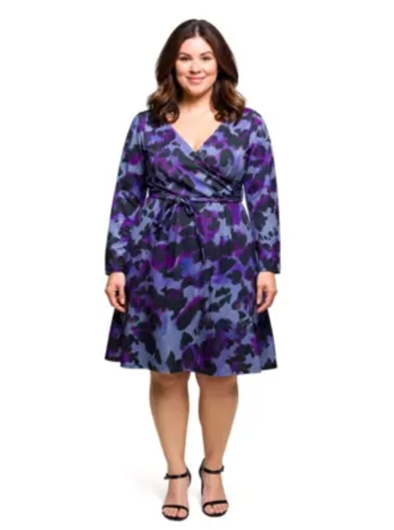 Womens Plus Long Sleeve Wrap Dress with Belt Purple Black Print