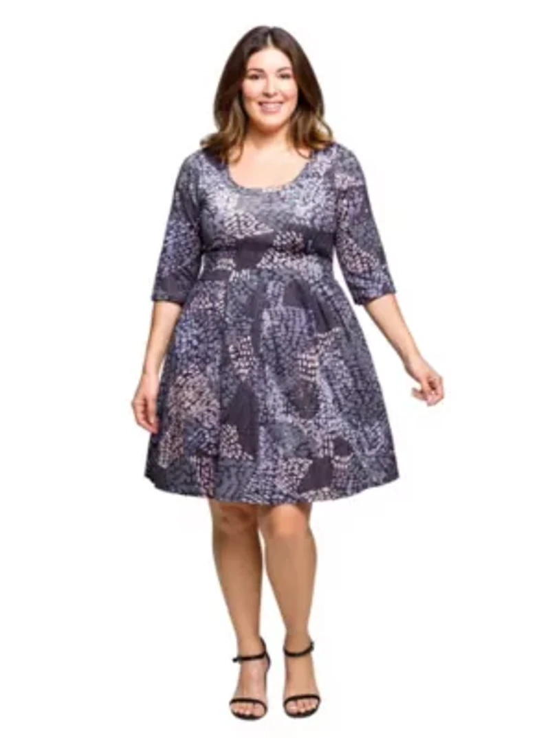 Womens Plus Three Quarter Sleeve Fit and Flare Dress Grey Print