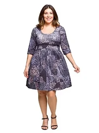 Womens Plus Three Quarter Sleeve Fit and Flare Dress Grey Print