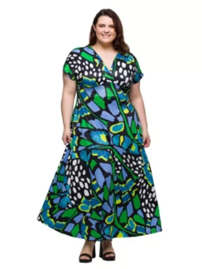 Plus Blue Butterfly Print V Neck Empire Waist Cap Sleeve Maxi Dress