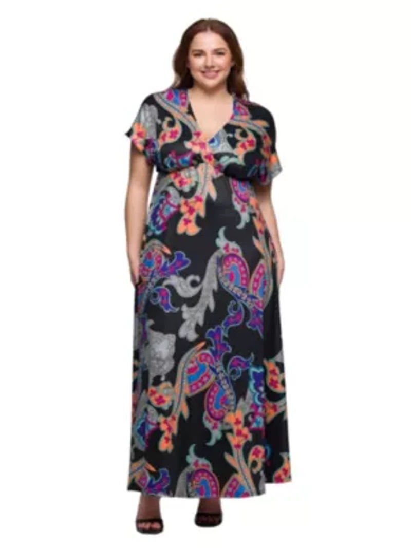 Plus Black Paisley Print V Neck Empire Waist Cap Sleeve Maxi Dress
