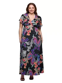 Plus Black Paisley Print V Neck Empire Waist Cap Sleeve Maxi Dress