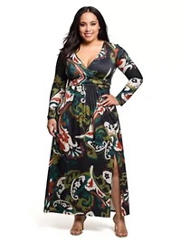Womens Plus Paisley Print Long Sleeve Wrap Maxi Dress