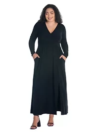 Plus Long Sleeve V Neck Side Slit Maxi Dress