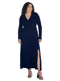Plus Long Sleeve V Neck Side Slit Maxi Dress