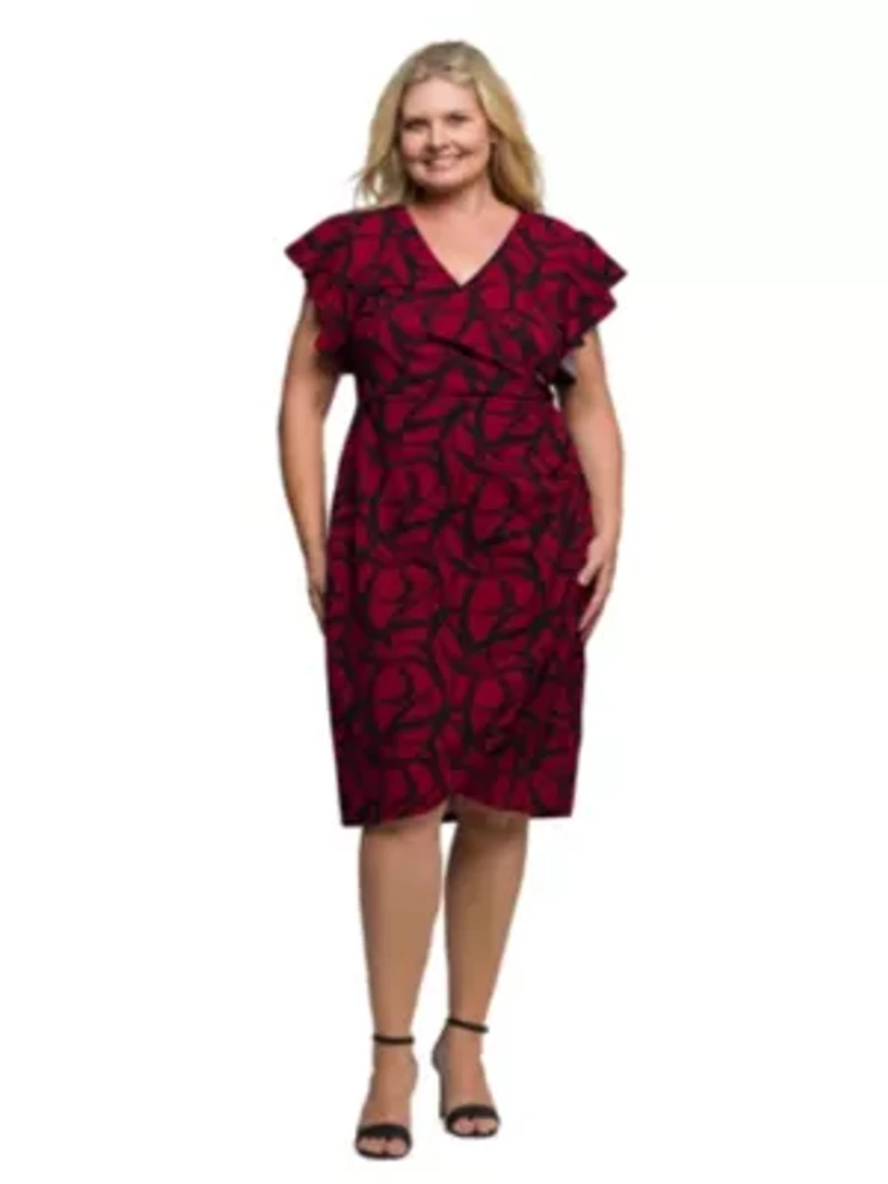 Womens Plus Burgundy Print Flutter Sleeve Faux Wrap Dress