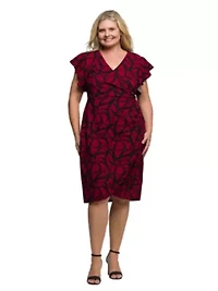 Womens Plus Burgundy Print Flutter Sleeve Faux Wrap Dress