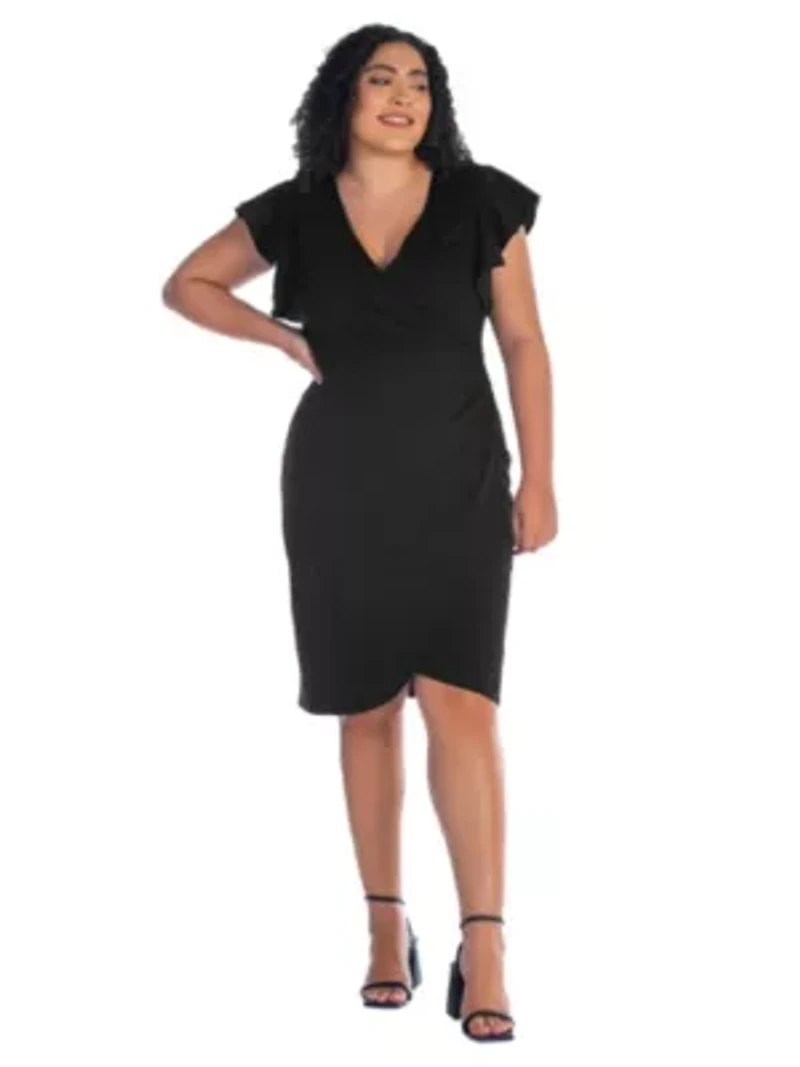 Plus V Neck Ruffle Sleeve Knee Length Dress