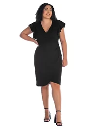 Plus V Neck Ruffle Sleeve Knee Length Dress