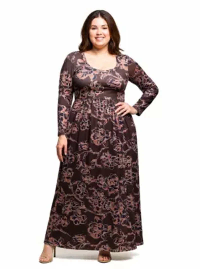 Womens Plus Brown Blush Floral Long Sleeve Scoop Neck Maxi Dress