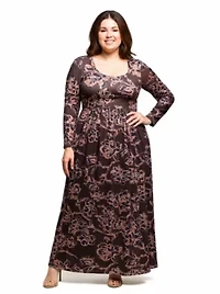 Womens Plus Brown Blush Floral Long Sleeve Scoop Neck Maxi Dress