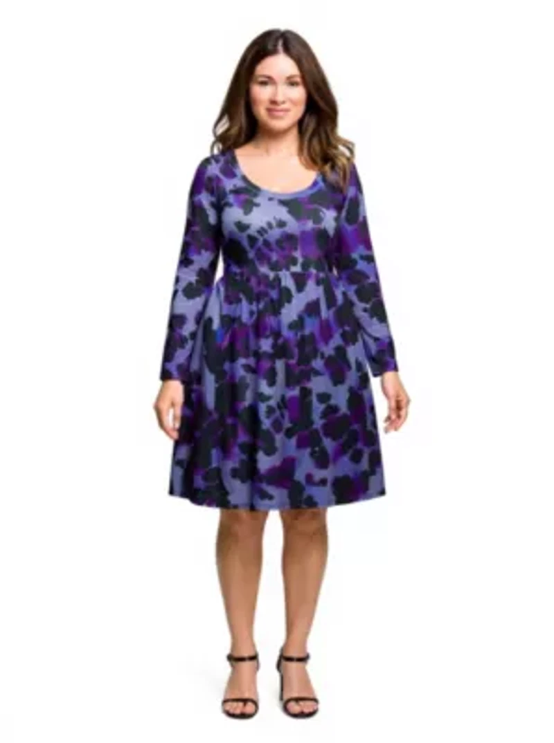 Womens Plus Long Sleeve Empire Waist Dress Purple Black Print