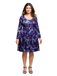Womens Plus Long Sleeve Empire Waist Dress Purple Black Print