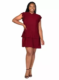 Plus Ruffle Cap Sleeve High Neck Pleated Tiered Mini Dress