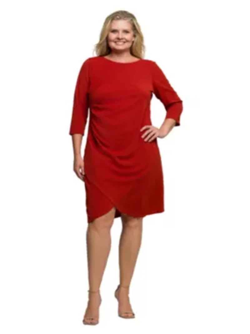Womens Plus Three Quarter Sleeve Ruched Tulip Hem Mini Dress