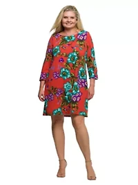 Womens Plus Orange Floral Print Three Quarter Sleeve A Line Knee Length Dress