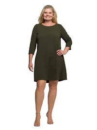 Womens Plus Three Quarter Sleeve A Line Knee Length Dress