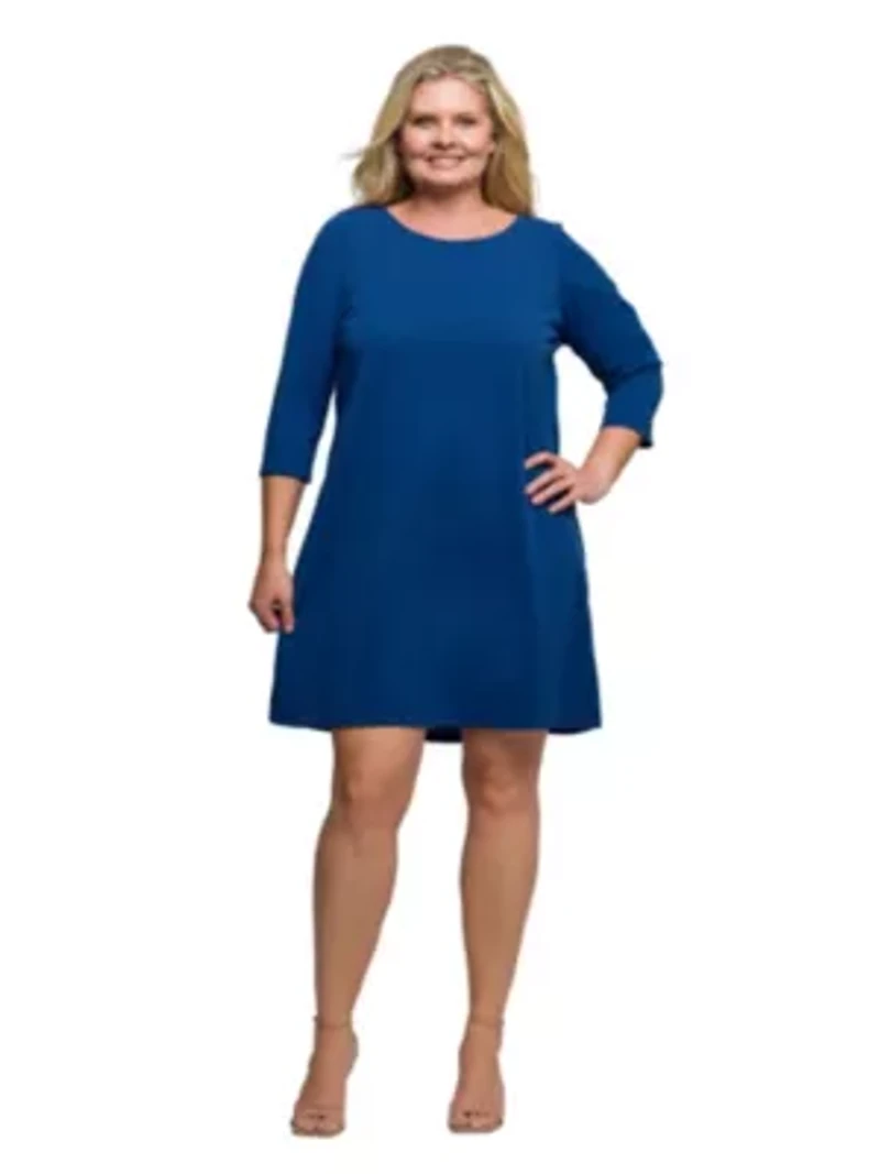 Womens Plus Three Quarter Sleeve A Line Knee Length Dress