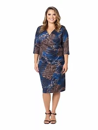 Womens Plus Three Quarter Sleeve Faux Wrap Dress Blue Animal Print