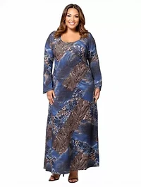 Womens Plus Blue Animal Print Long Sleeve Scoop Neck Maxi Dress