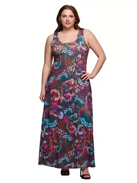 Plus Pink and Brown Print Scoop Neck A Line Sleeveless Maxi Dress
