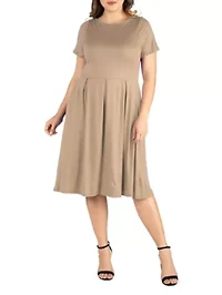Short Sleeve Plus  Midi Skater Dress With Pockets